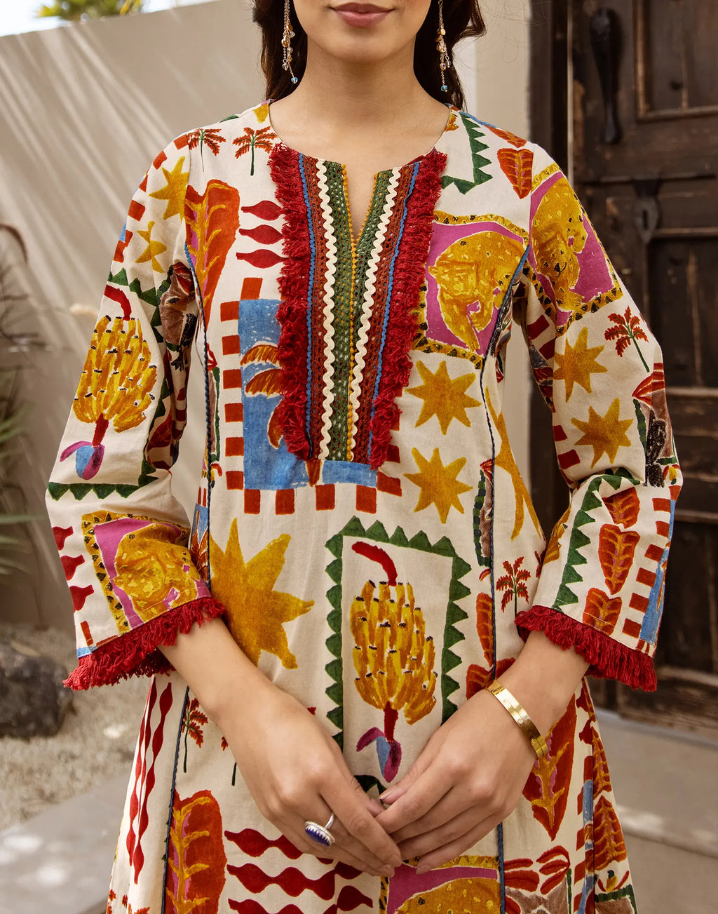 Ivory Round Notch Neck Digital Printed A-Line Ethnic Co-ord Set