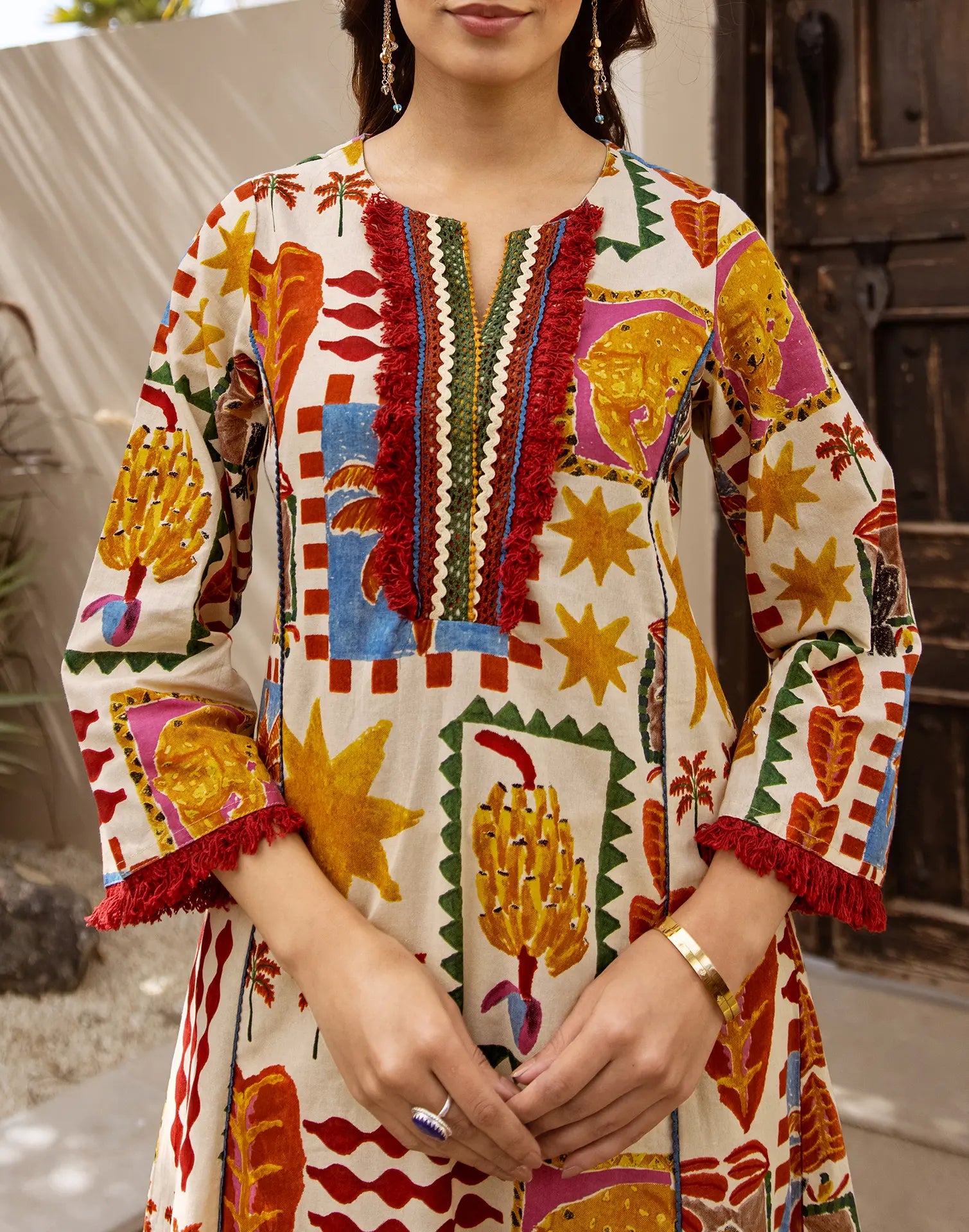 Ivory Round Notch Neck Digital Printed A-Line Ethnic Co-ord Set