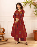 Maroon V-Neck Printed A-Line Ethnic Co-ord Set