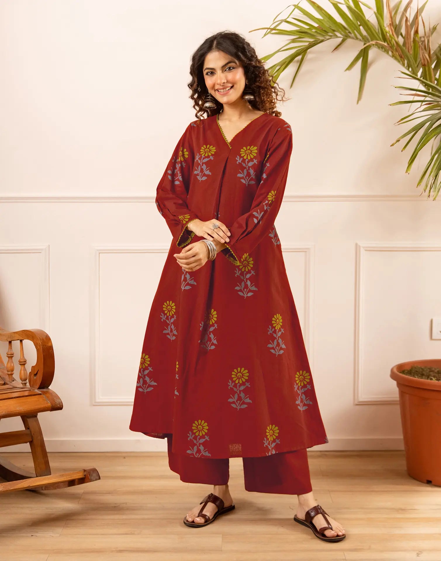 Maroon V-Neck Printed A-Line Ethnic Co-ord Set