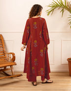 Maroon V-Neck Printed A-Line Ethnic Co-ord Set