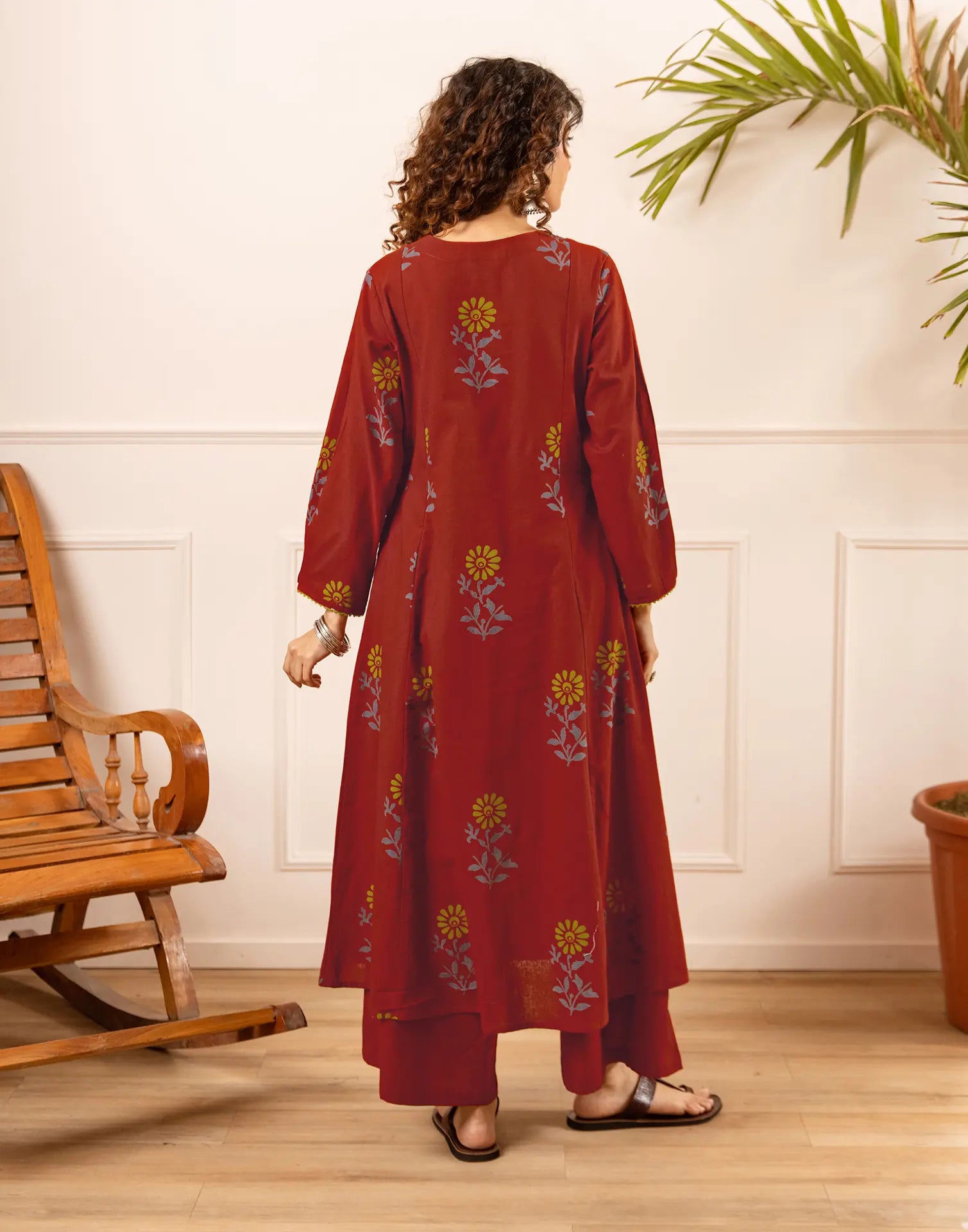 Maroon V-Neck Printed A-Line Ethnic Co-ord Set