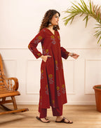 Maroon V-Neck Printed A-Line Ethnic Co-ord Set