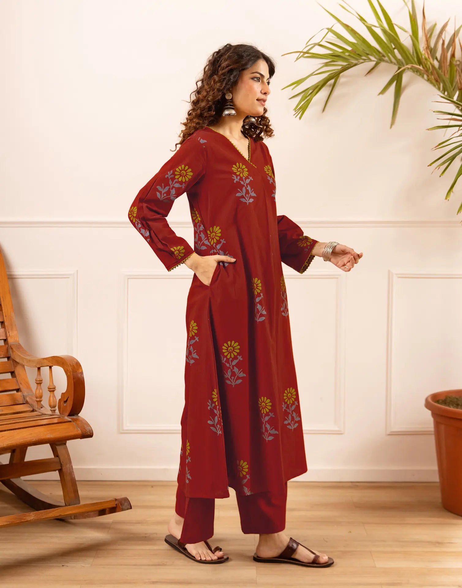 Maroon V-Neck Printed A-Line Ethnic Co-ord Set