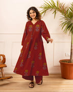 Maroon V-Neck Printed A-Line Ethnic Co-ord Set
