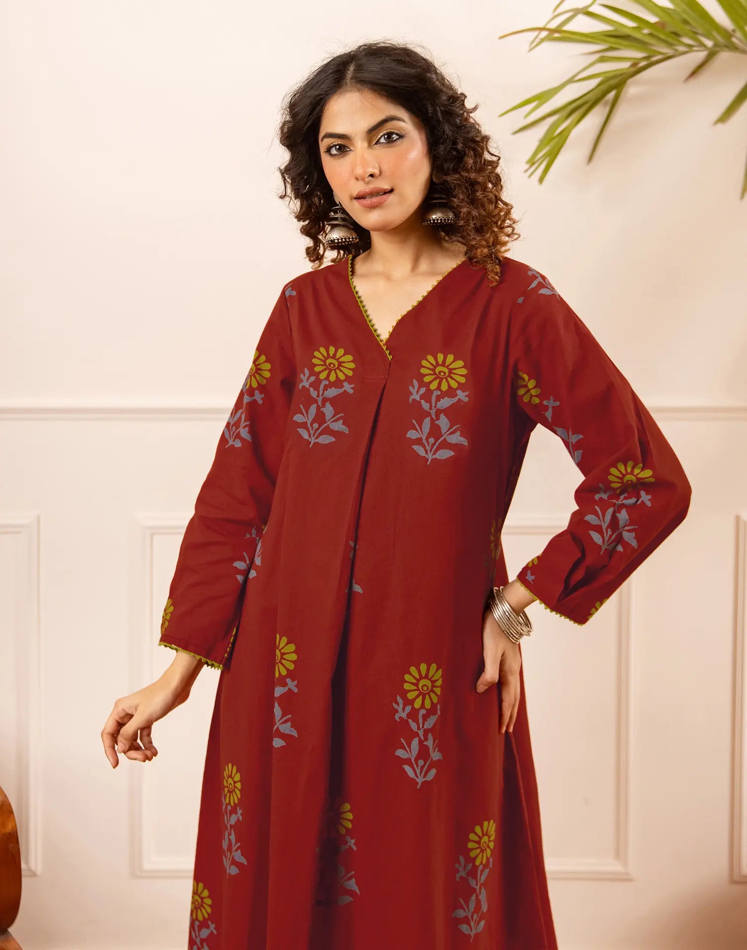 Maroon V-Neck Printed A-Line Ethnic Co-ord Set
