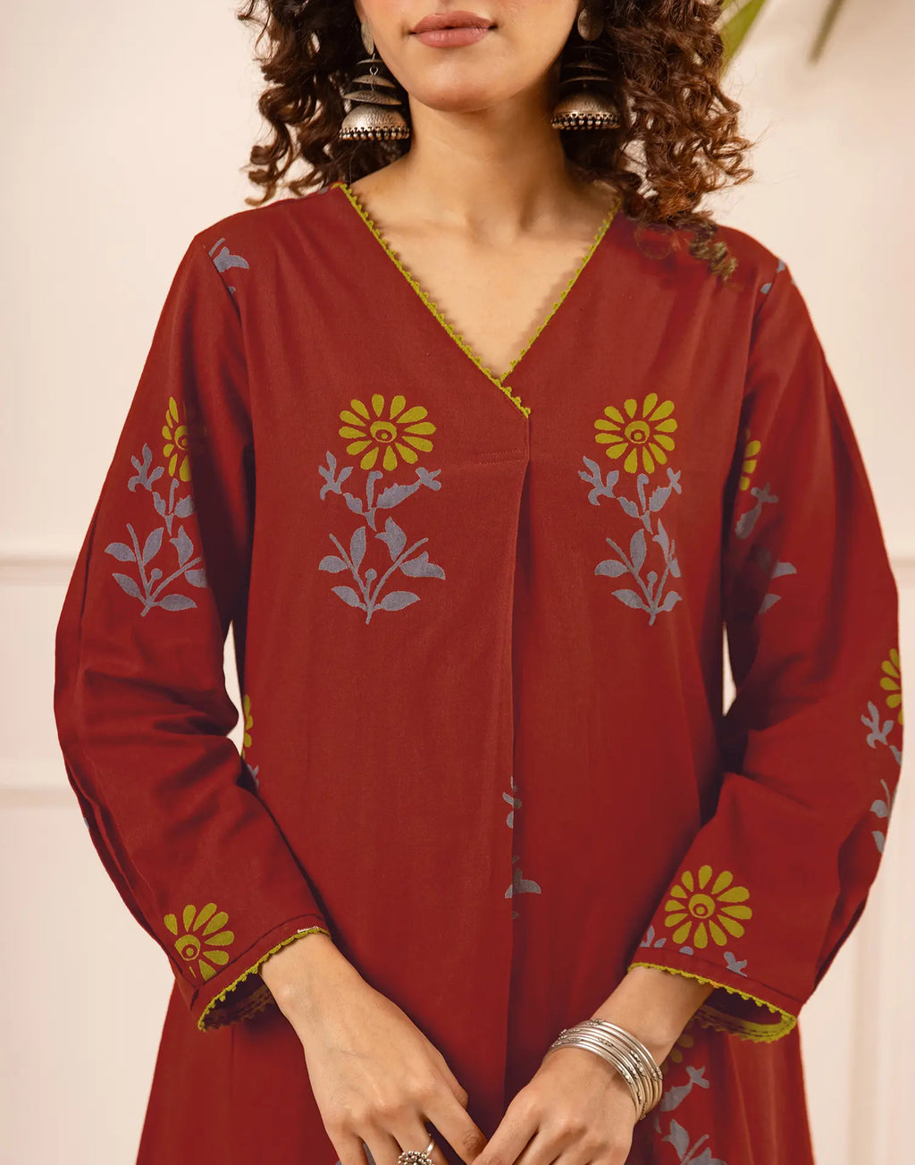 Maroon V-Neck Printed A-Line Ethnic Co-ord Set