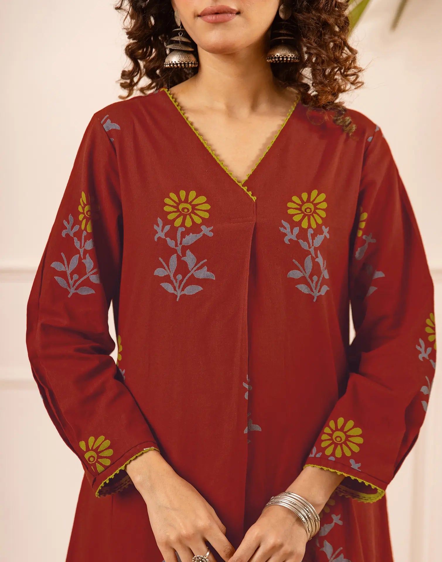 Maroon V-Neck Printed A-Line Ethnic Co-ord Set