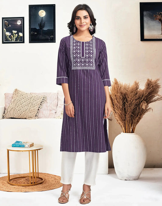 Cotton Embroidered Straight Round Neck Kurtis