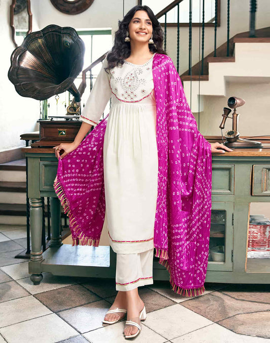Silk Blend Embroidered Flared Kurta with Pant & Dupatta