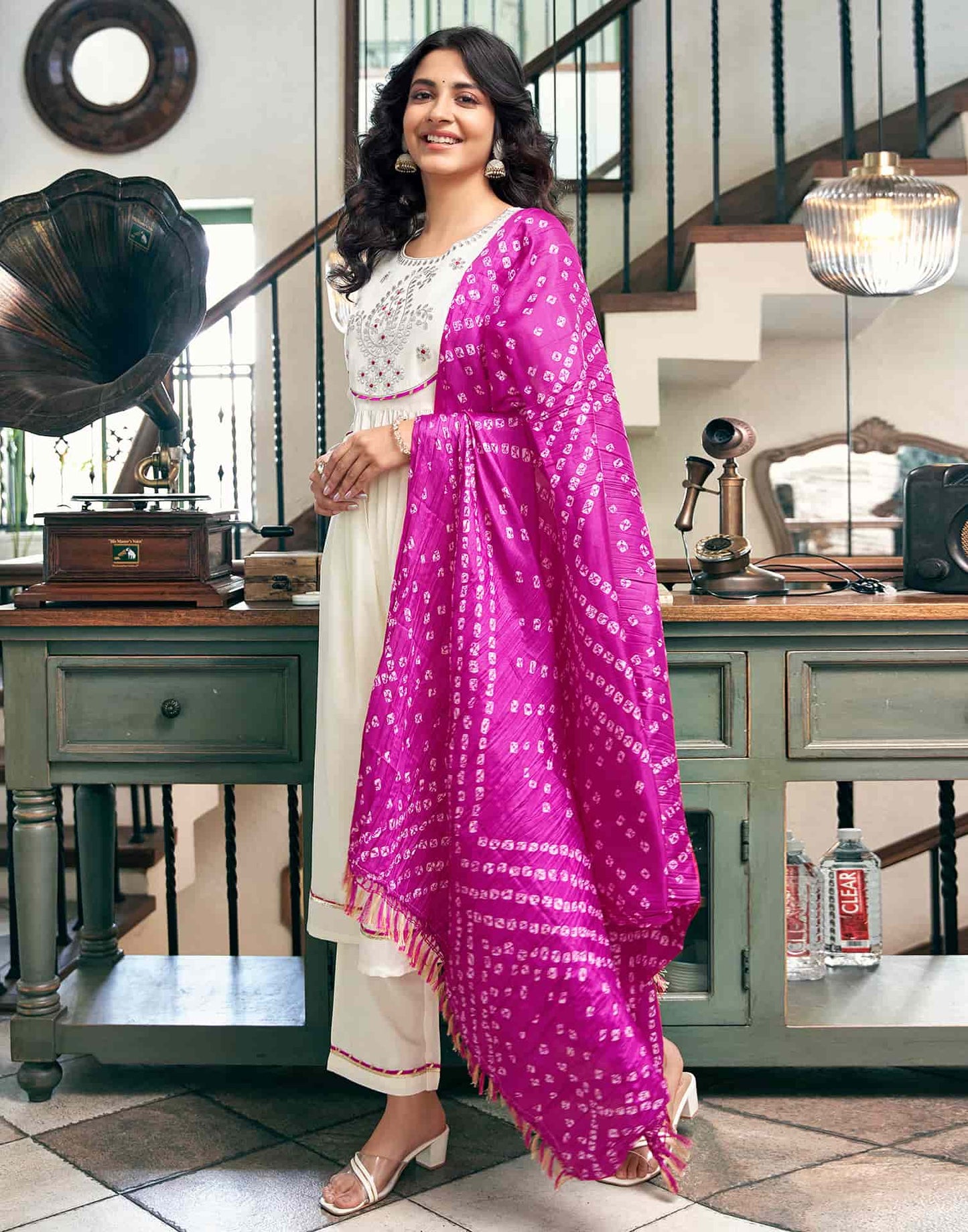 Silk Blend Embroidered Flared Kurta with Pant & Dupatta