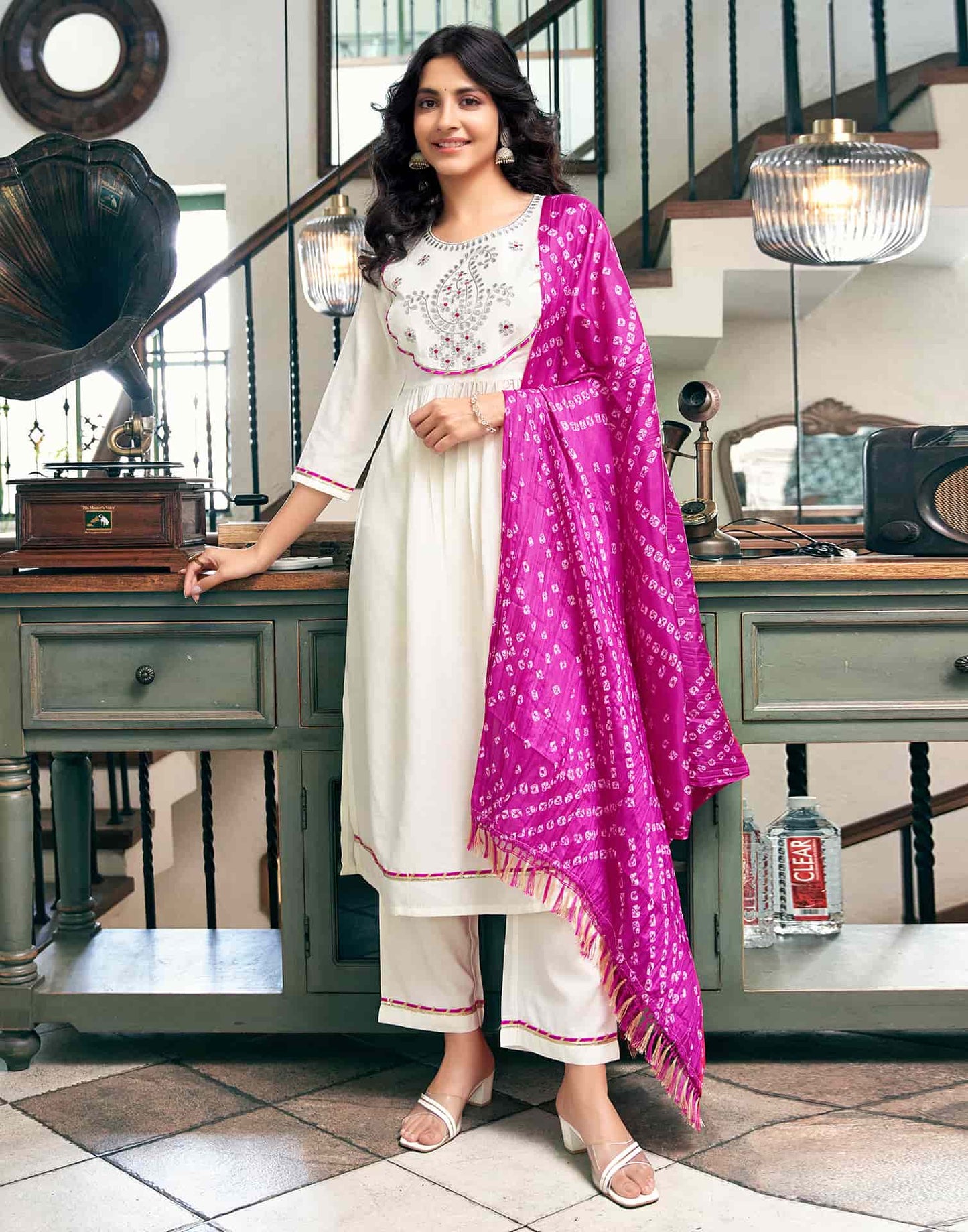Silk Blend Embroidered Flared Kurta with Pant & Dupatta