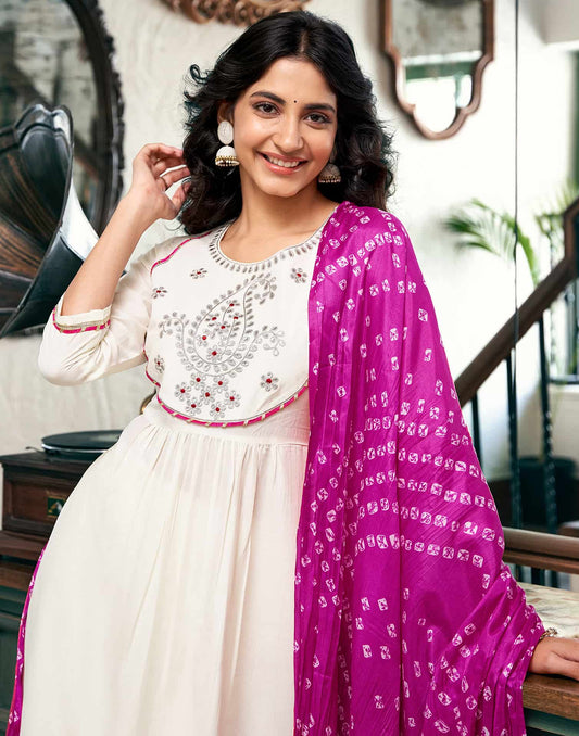 Silk Blend Embroidered Flared Kurta with Pant & Dupatta