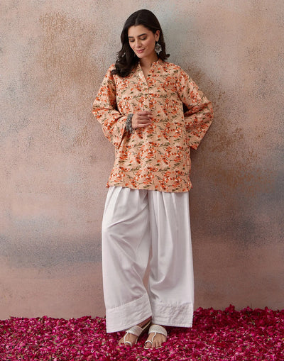 Creamy Peach Mandarin Collar Printed Farshi Salwar Co-ords