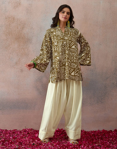 Olive Green Mandarin Collar Printed Farshi Salwar Co-ords