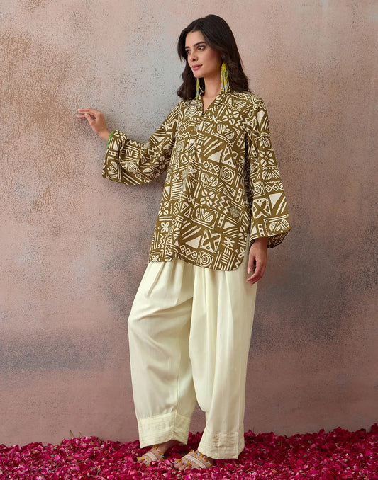 Olive Green Mandarin Collar Printed Farshi Salwar Co-ords