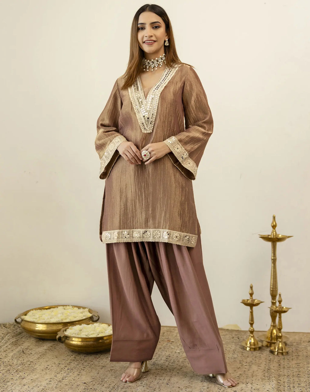 Shimmer Mirror Work V-Neck Co-ords Set