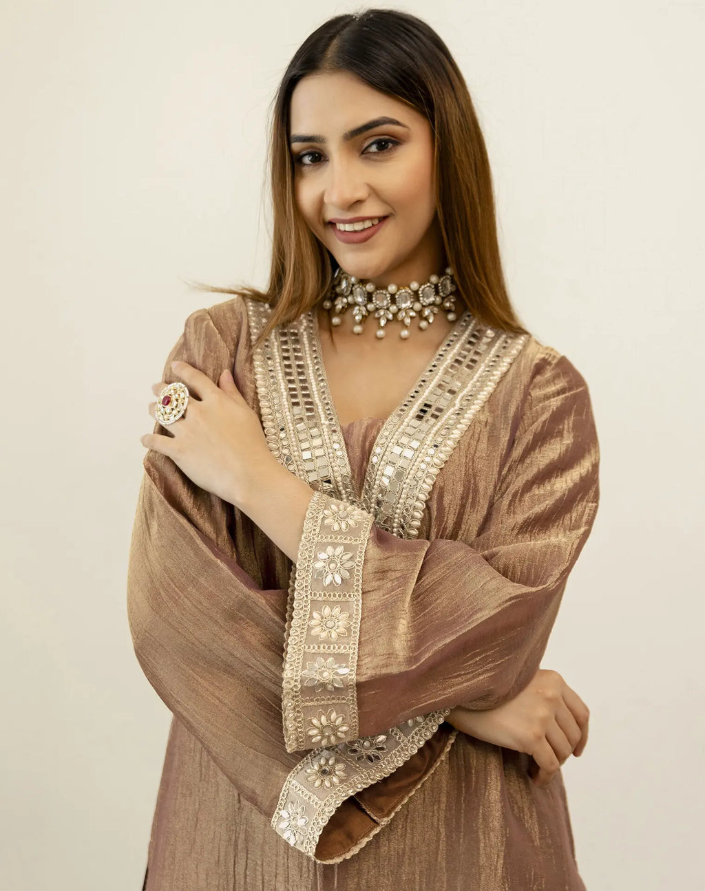 Shimmer Mirror Work V-Neck Co-ords Set