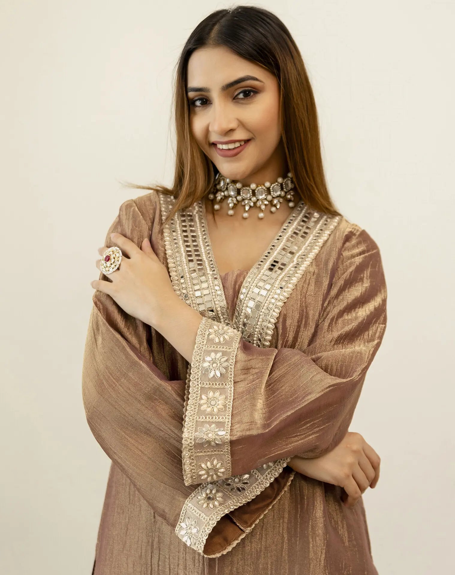 Shimmer Mirror Work V-Neck Co-ords Set