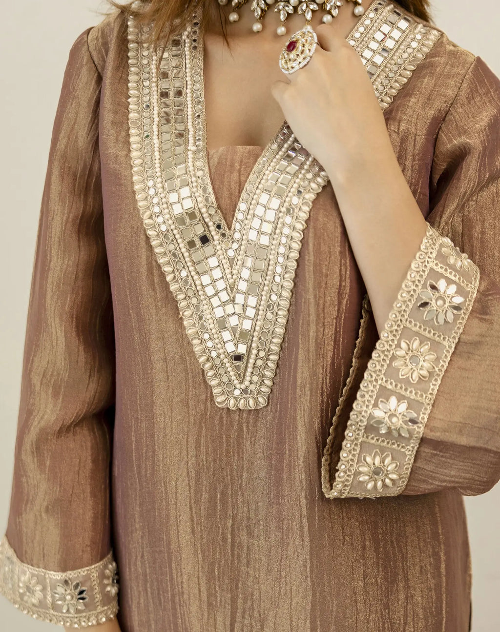 Shimmer Mirror Work V-Neck Co-ords Set
