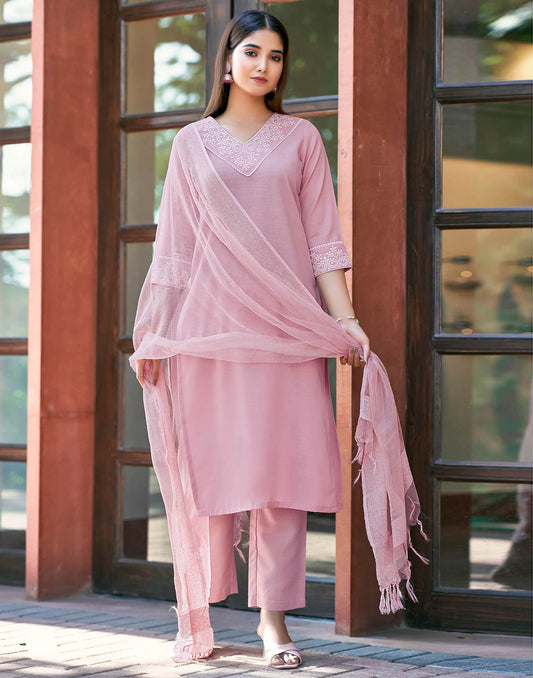 Cotton Blend Embroidery and Lace Straight Kurta with Pant & Dupatta