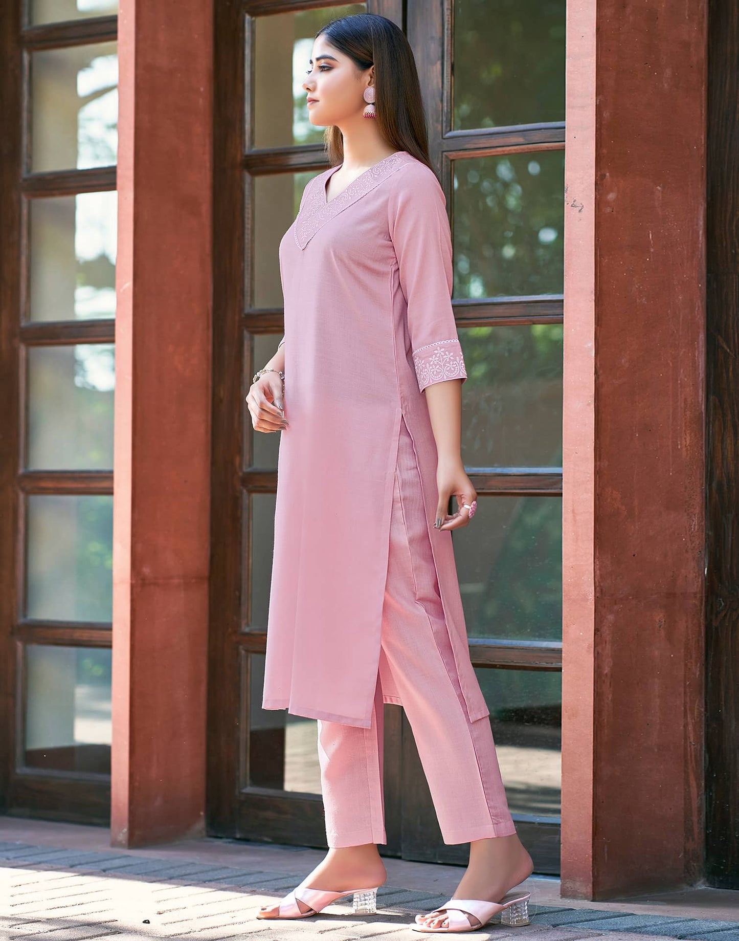 Cotton Blend Embroidery and Lace Straight Kurta with Pant & Dupatta