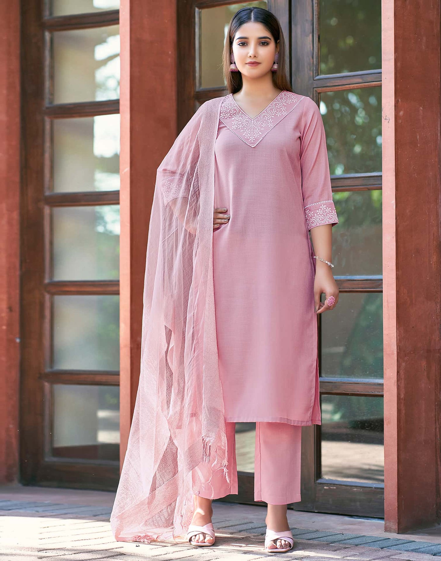 Cotton Blend Embroidery and Lace Straight Kurta with Pant & Dupatta