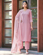 Cotton Blend Embroidered Straight 3 Piece Kurta Set