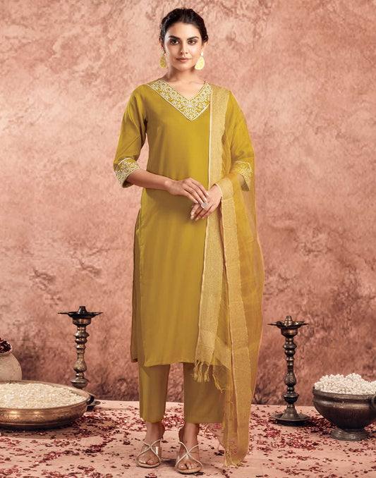 Cotton Blend Embroidered Straight Kurta with Pant & Dupatta