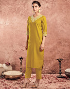 Cotton Blend Embroidered Straight 3 Piece Kurta Set