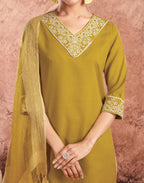 Cotton Blend Embroidered Straight 3 Piece Kurta Set