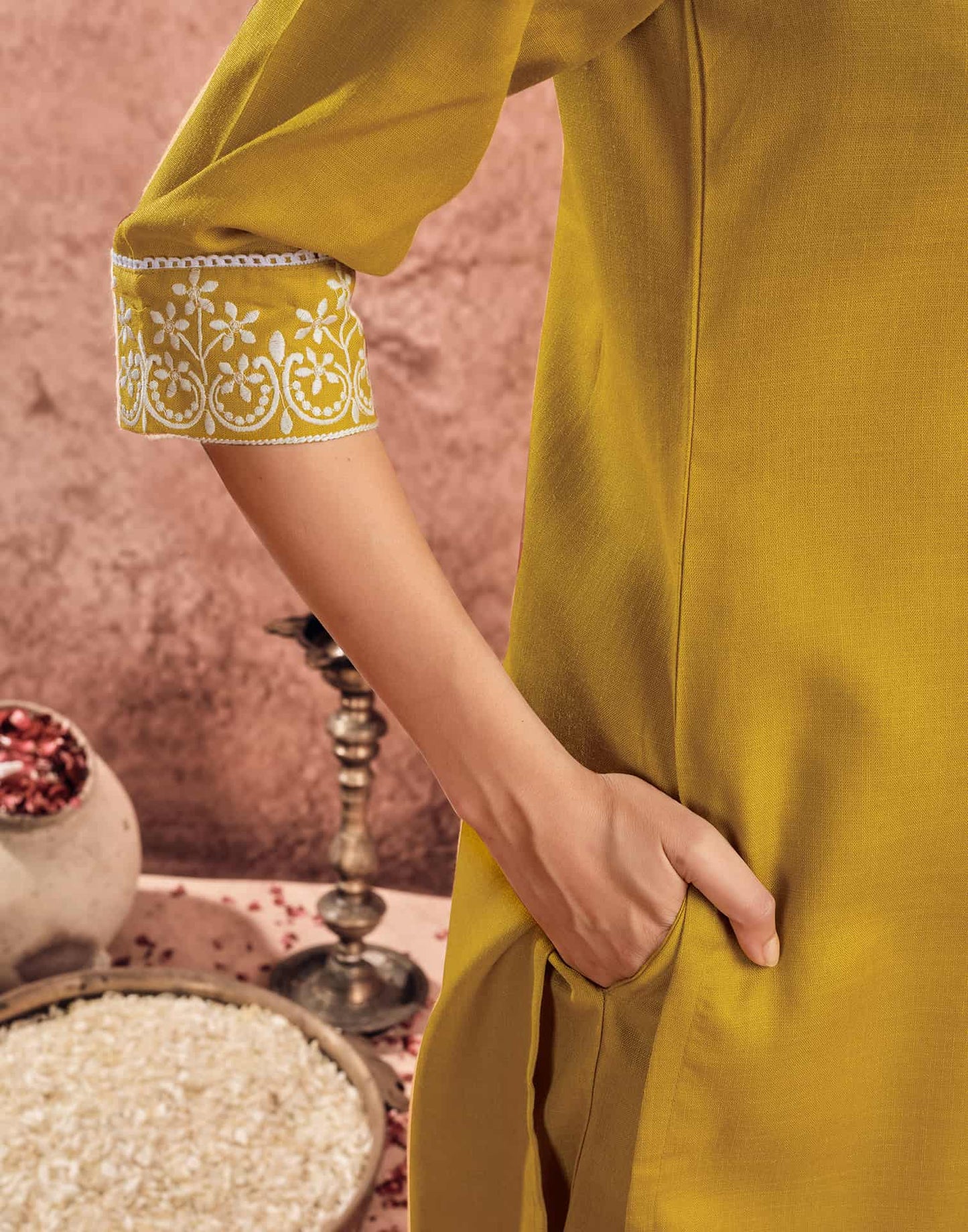 Cotton Blend Embroidered Straight Kurta with Pant & Dupatta