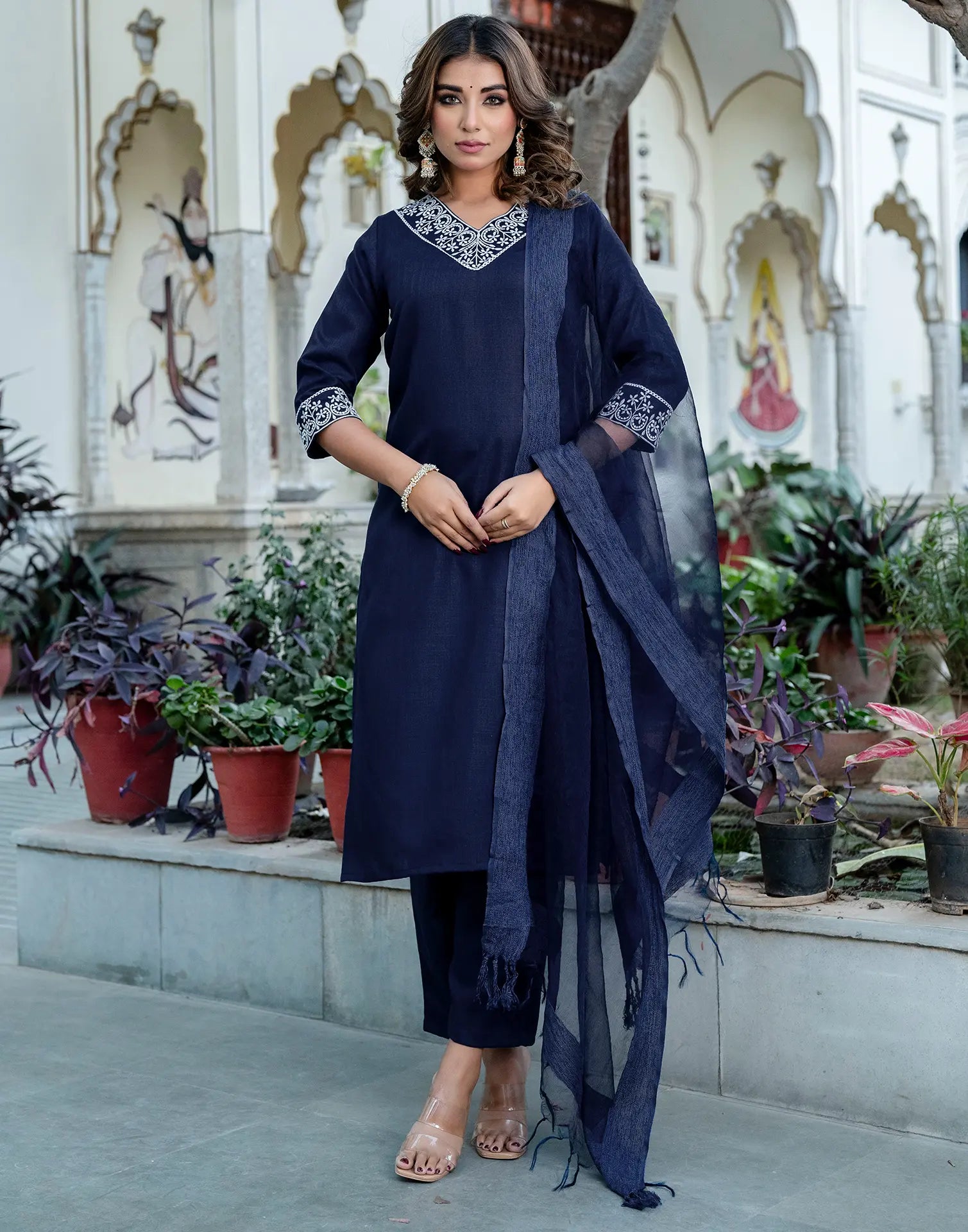 Cotton Blend Embroidered Straight 3 Piece Kurta Set