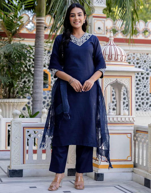 Cotton Blend Embroidered Straight Kurta with Pant & Dupatta