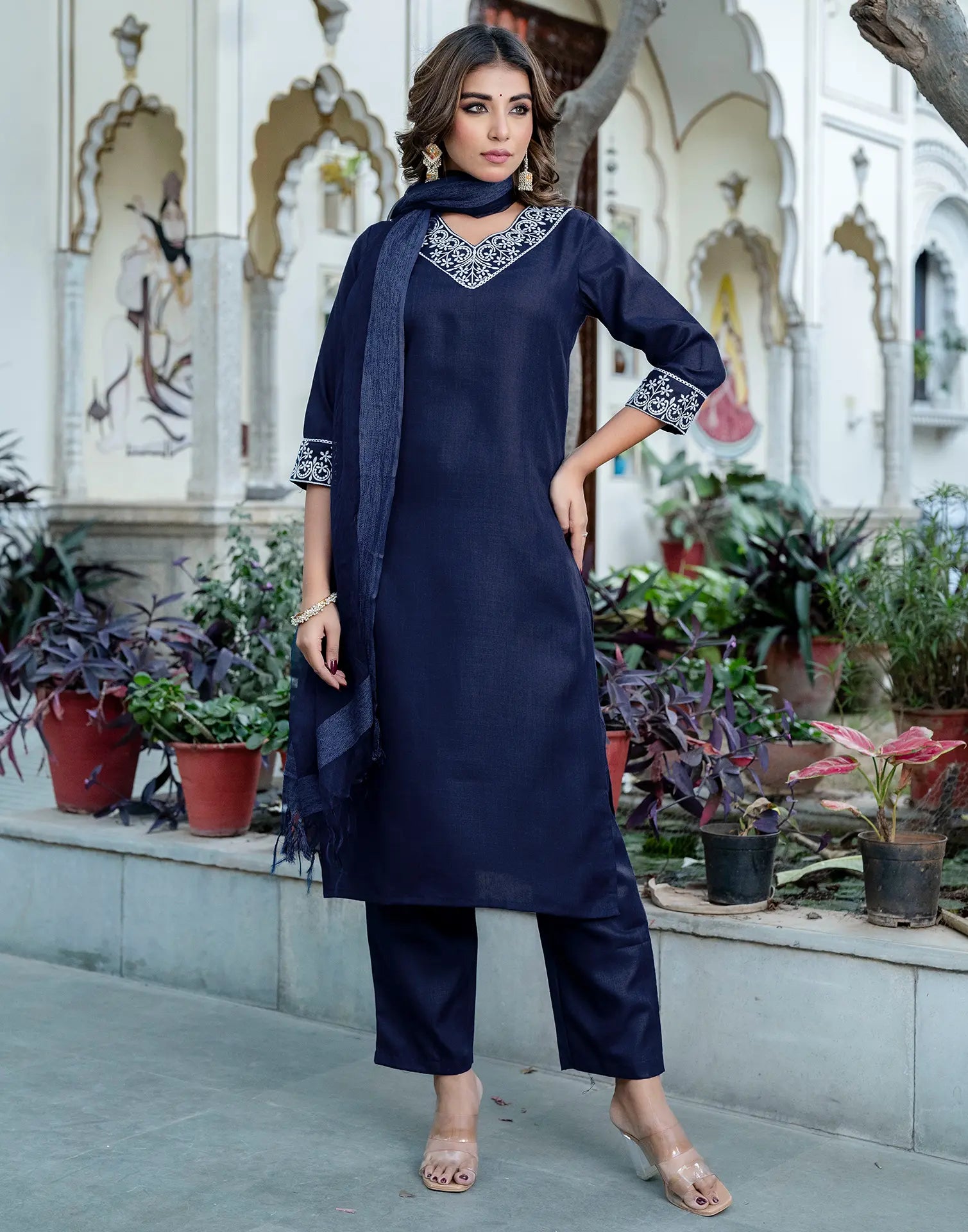 Cotton Blend Embroidered Straight 3 Piece Kurta Set