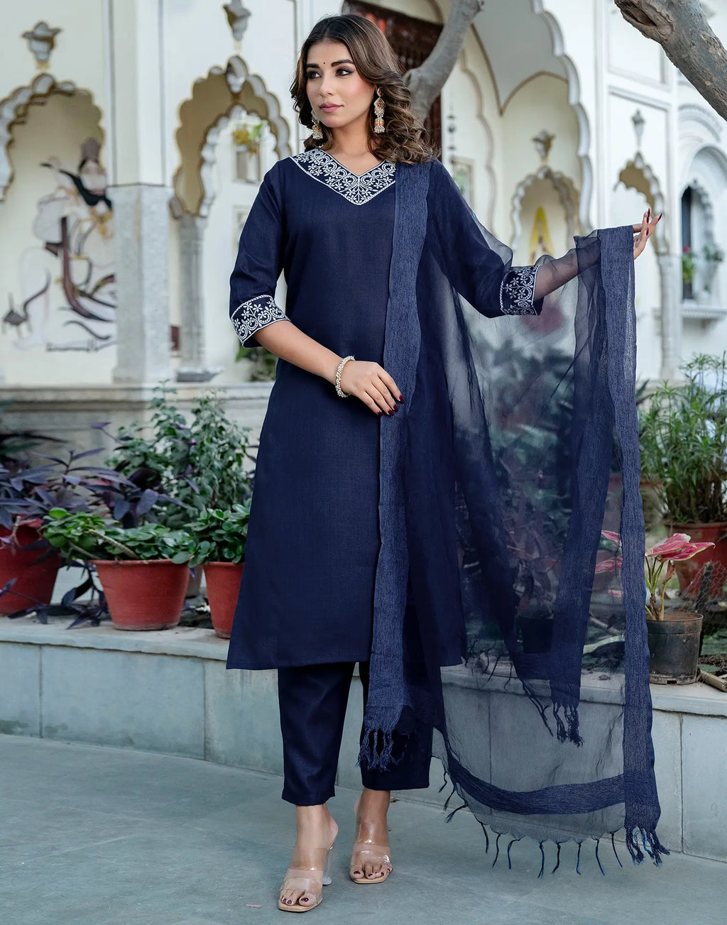 Cotton Blend Embroidered Straight 3 Piece Kurta Set