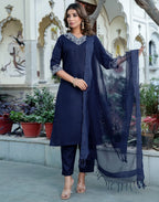 Cotton Blend Embroidered Straight 3 Piece Kurta Set