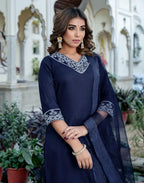 Cotton Blend Embroidered Straight 3 Piece Kurta Set