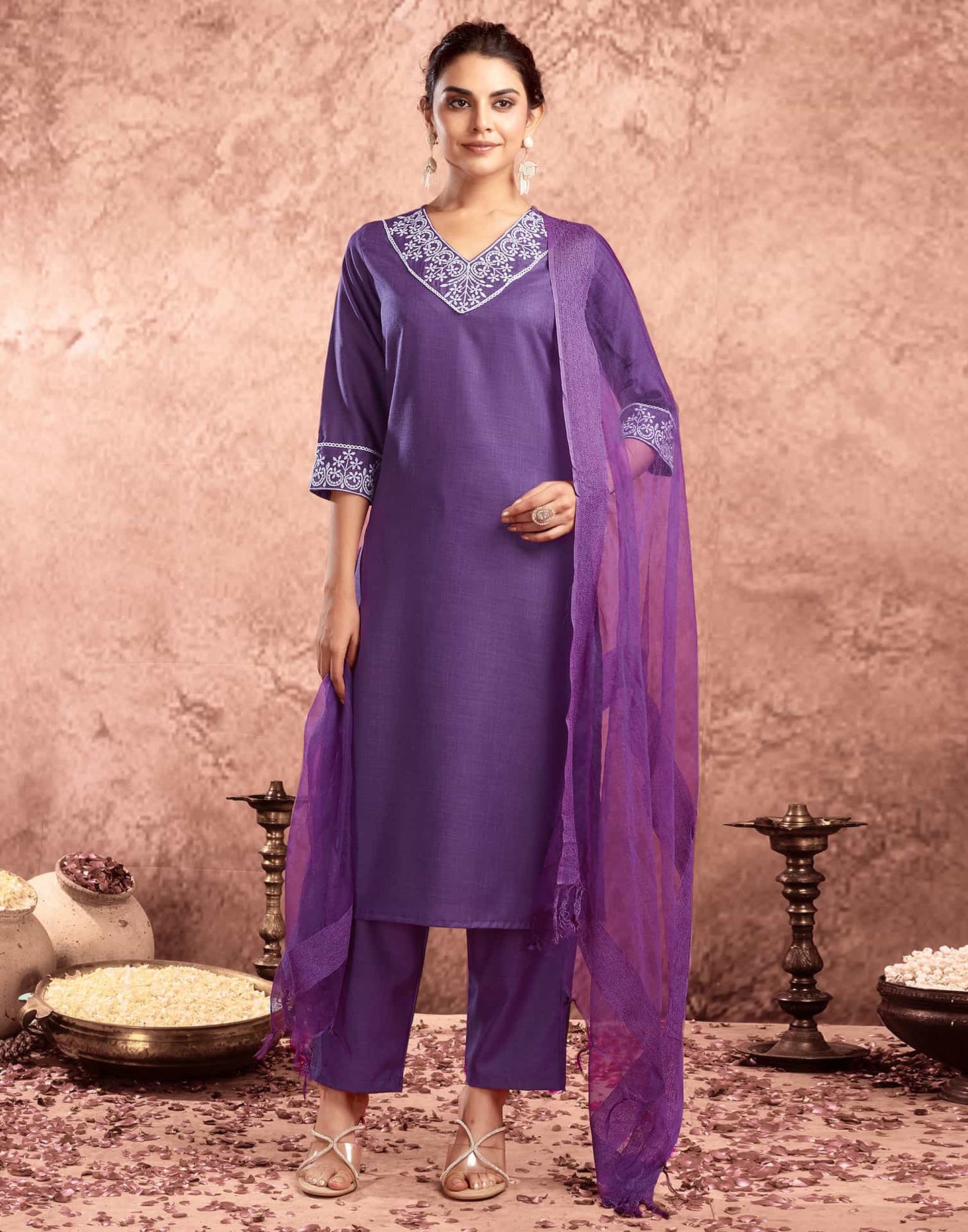 Cotton Blend Embroidered Straight Kurta with Pant & Dupatta