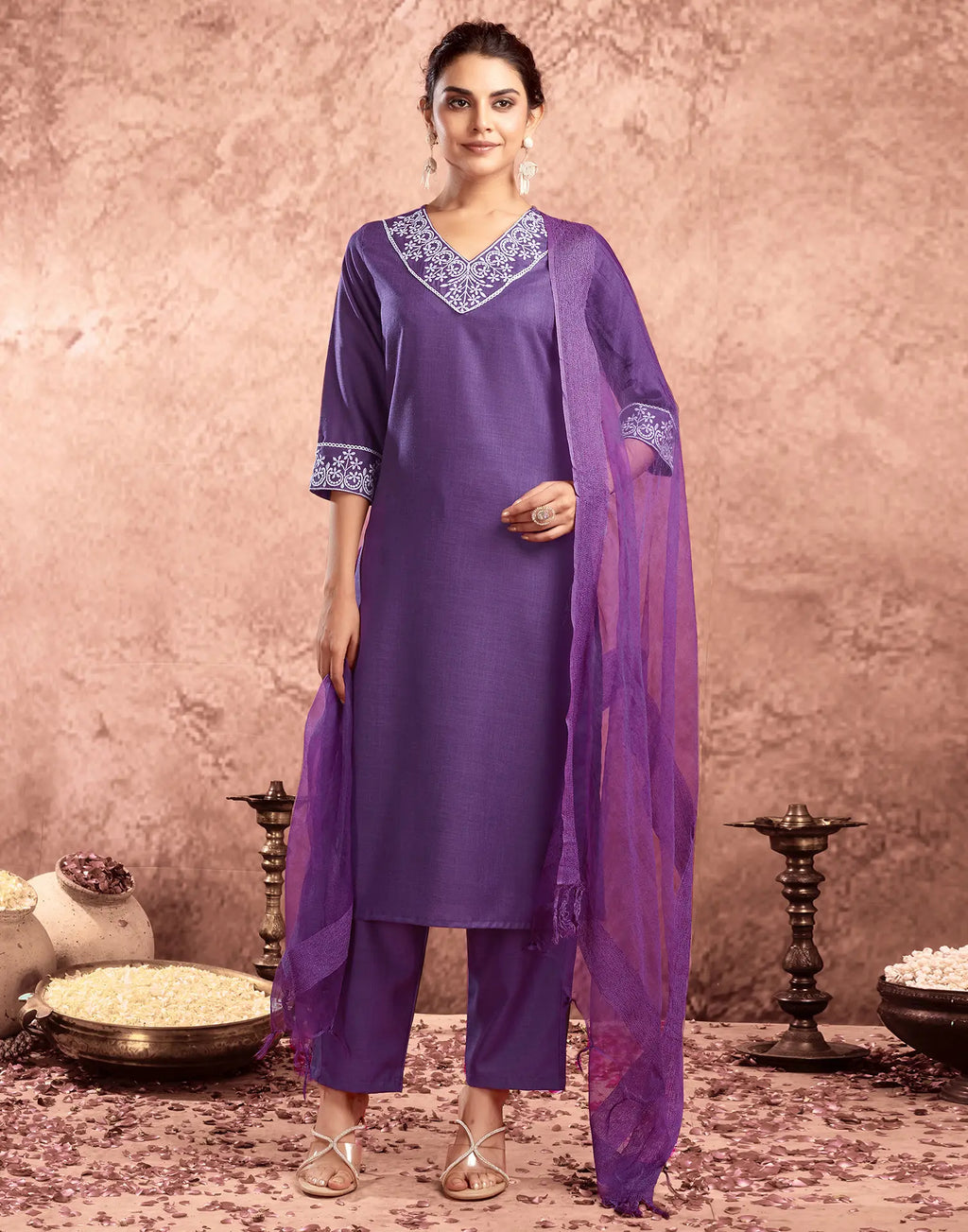 Cotton Blend Embroidered Straight 3 Piece Kurta Set