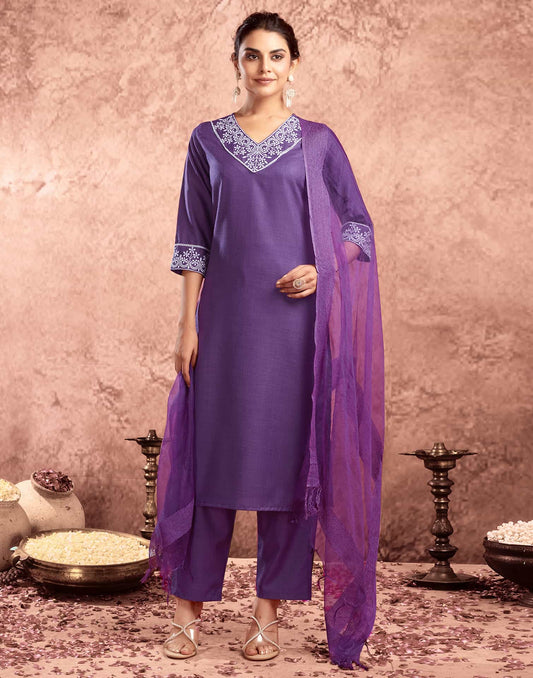 Cotton Blend Embroidered Straight Kurta with Pant & Dupatta