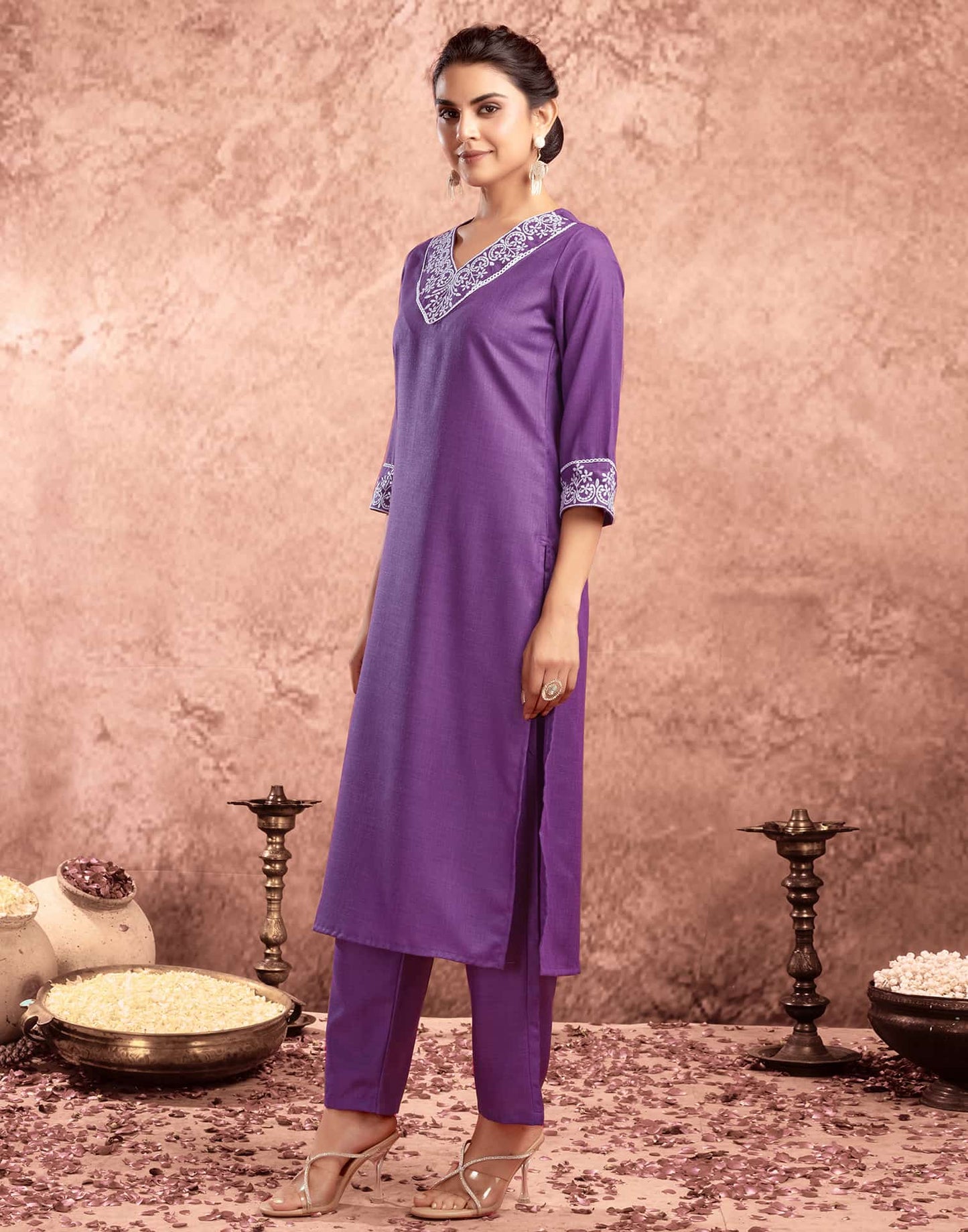 Cotton Blend Embroidered Straight Kurta with Pant & Dupatta