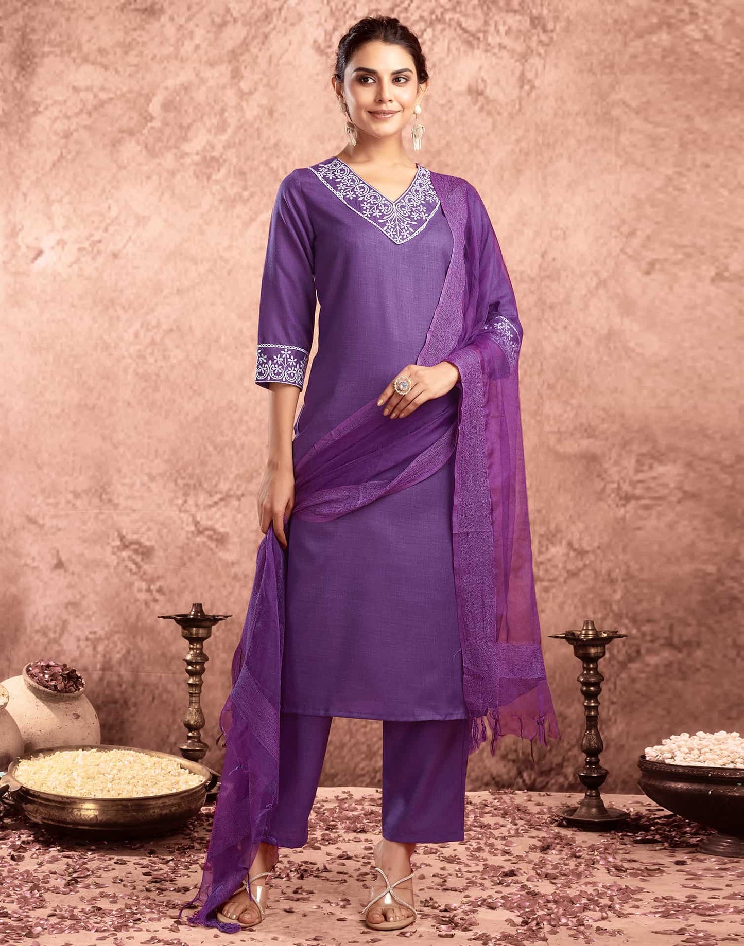 Cotton Blend Embroidered Straight Kurta with Pant & Dupatta