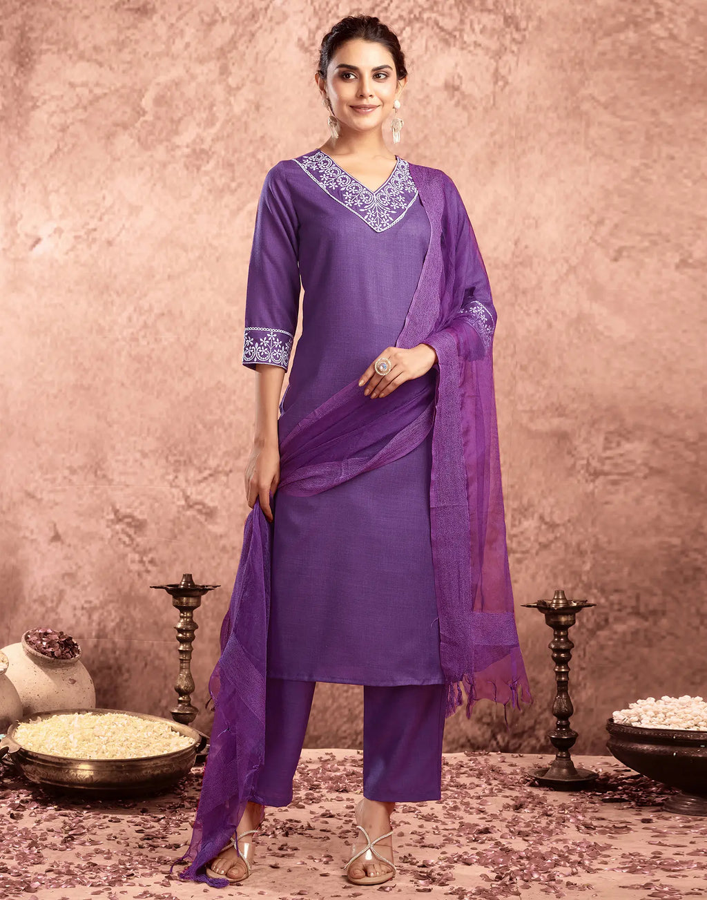 Cotton Blend Embroidered Straight 3 Piece Kurta Set