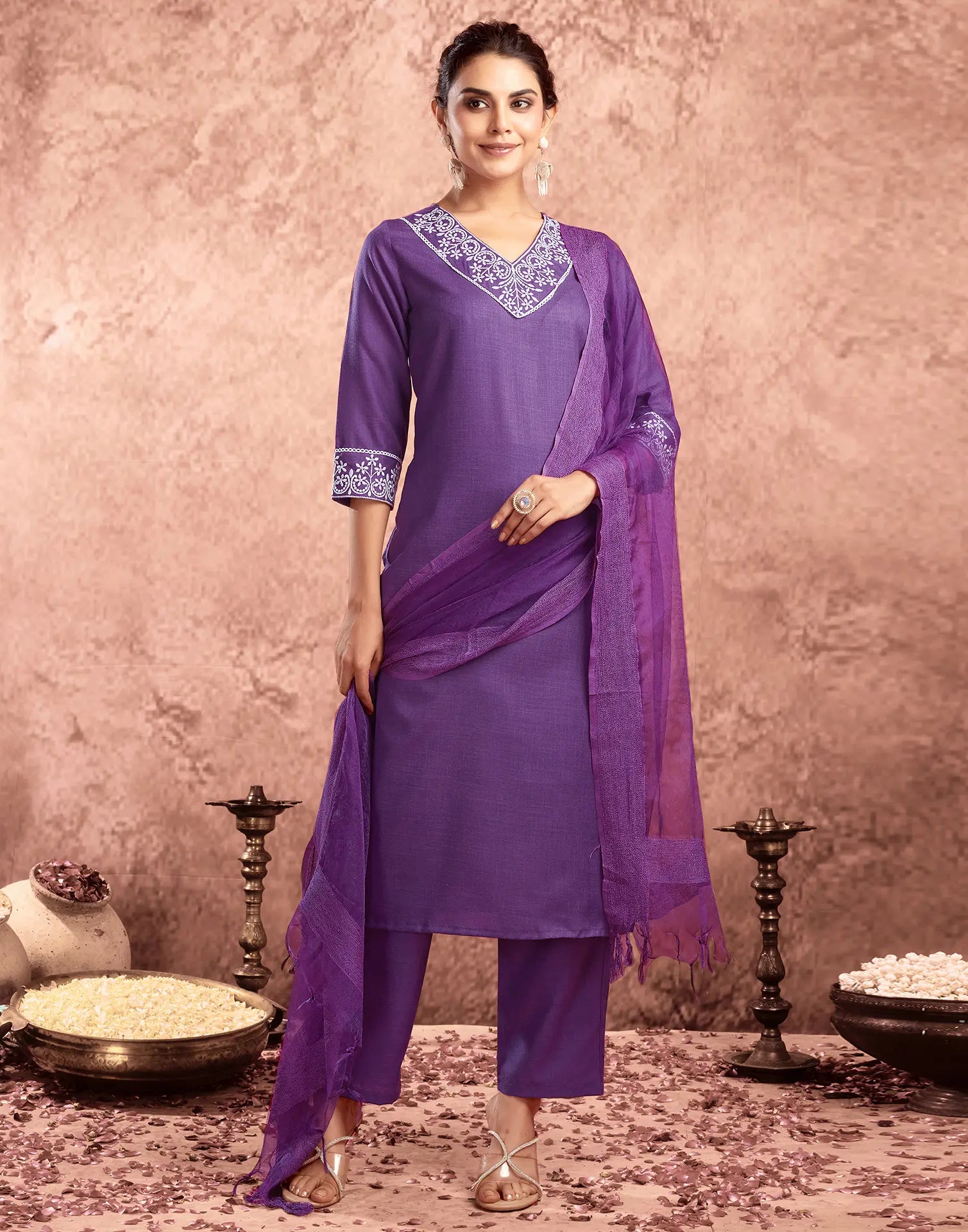 Cotton Blend Embroidered Straight 3 Piece Kurta Set
