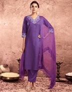Cotton Blend Embroidered Straight 3 Piece Kurta Set