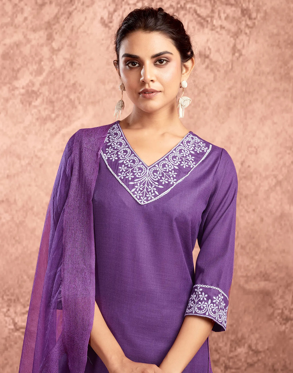 Cotton Blend Embroidered Straight 3 Piece Kurta Set