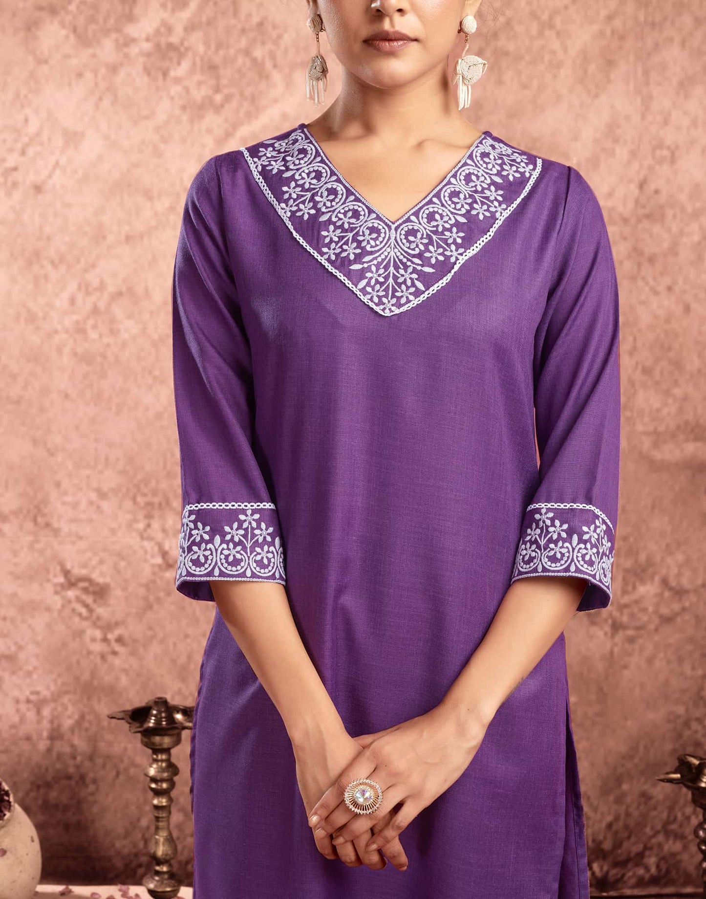 Cotton Blend Embroidered Straight Kurta with Pant & Dupatta