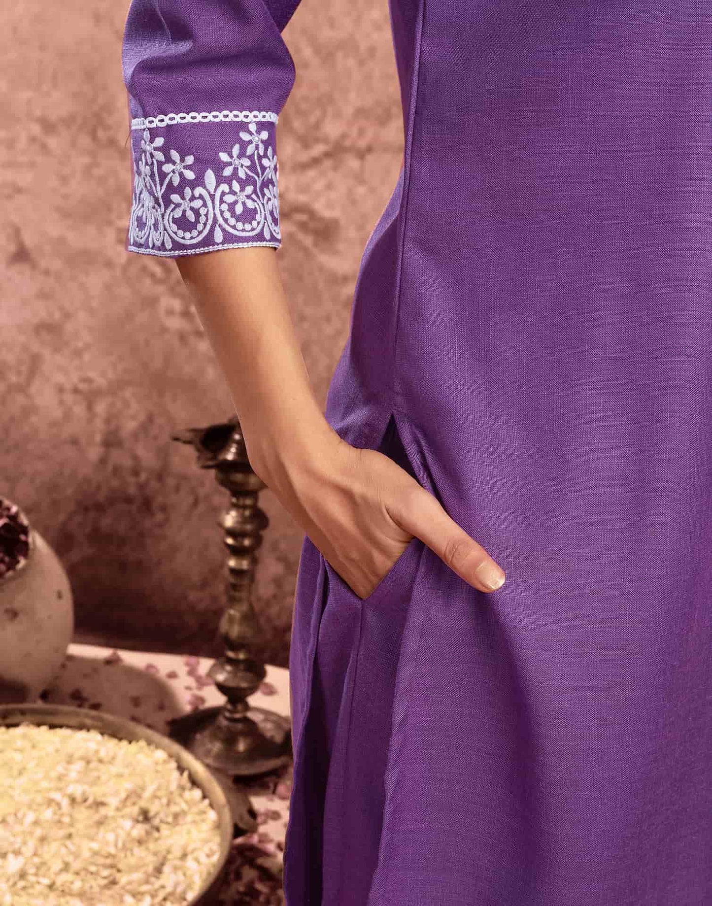 Cotton Blend Embroidered Straight Kurta with Pant & Dupatta