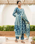 Skylee Cotton Printed Straight 3 Piece Kurta Set For Woman
